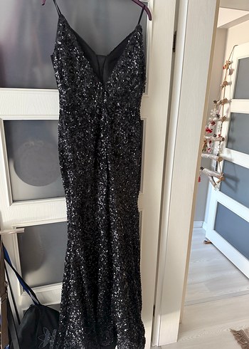 Siyah Payetli Uzun V Yaka Abiye Elbise - Görsel 2