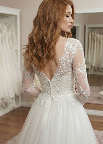 Uzun Dantel Kollu V Yaka Beyaz Prenses Gelinlik - Görsel 3