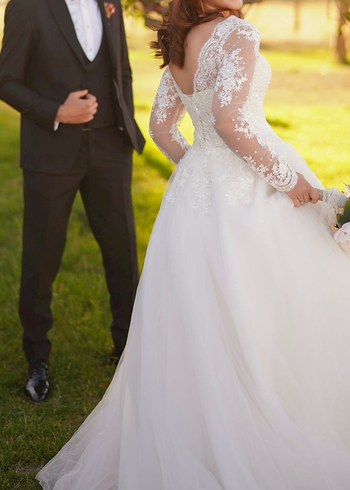 Uzun Dantel Kollu V Yaka Beyaz Prenses Gelinlik - Görsel 7