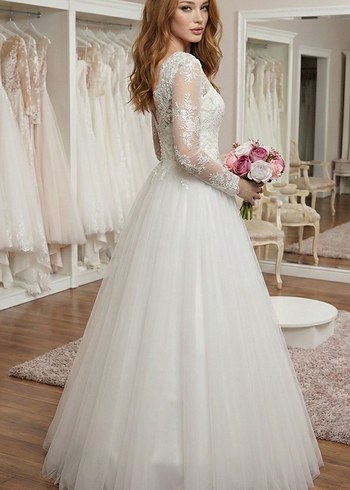 Uzun Dantel Kollu V Yaka Beyaz Prenses Gelinlik - Görsel 2