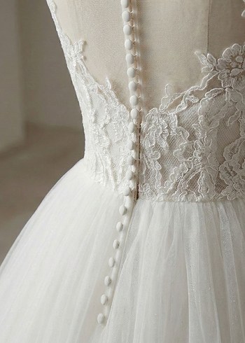 Uzun Dantel Kollu V Yaka Beyaz Prenses Gelinlik - Görsel 4