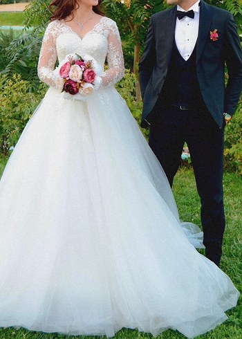 Uzun Dantel Kollu V Yaka Beyaz Prenses Gelinlik - Görsel 6