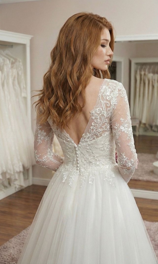 Uzun Dantel Kollu V Yaka Beyaz Prenses Gelinlik - Görsel 3