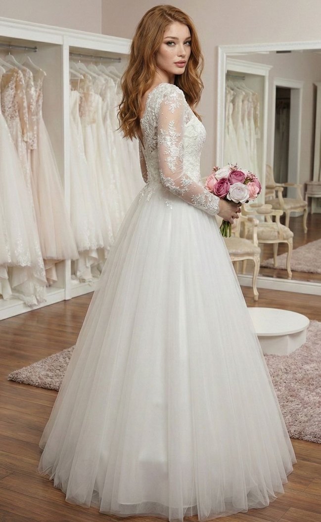 Uzun Dantel Kollu V Yaka Beyaz Prenses Gelinlik - Görsel 2