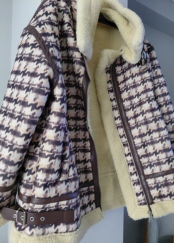 Kürk Detaylı Kahverengi Desenli Kadın Kışlık Ceket - Görsel 2