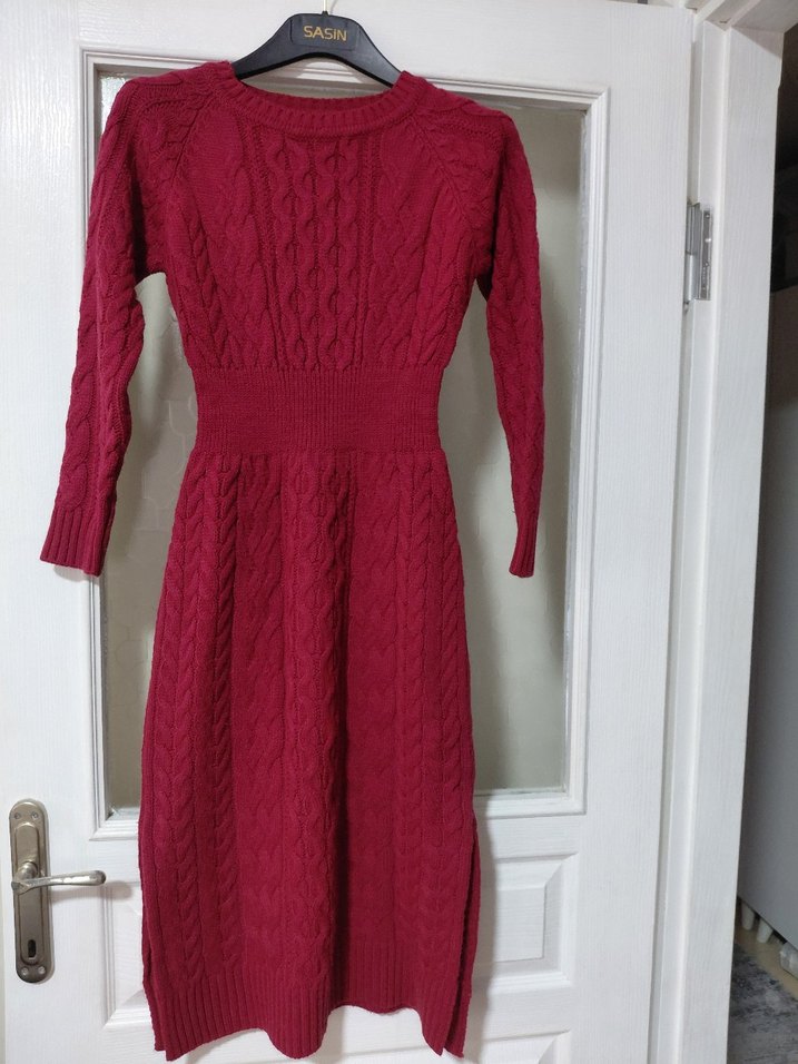 Bordo Örgü Kadın Uzun Elbise - Görsel 2