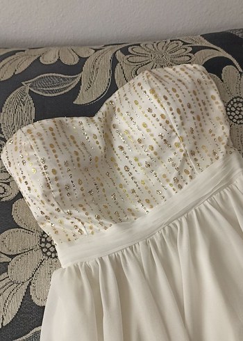 Drapeli Straplez Midi Beyaz Nişan Elbisesi - Görsel 2