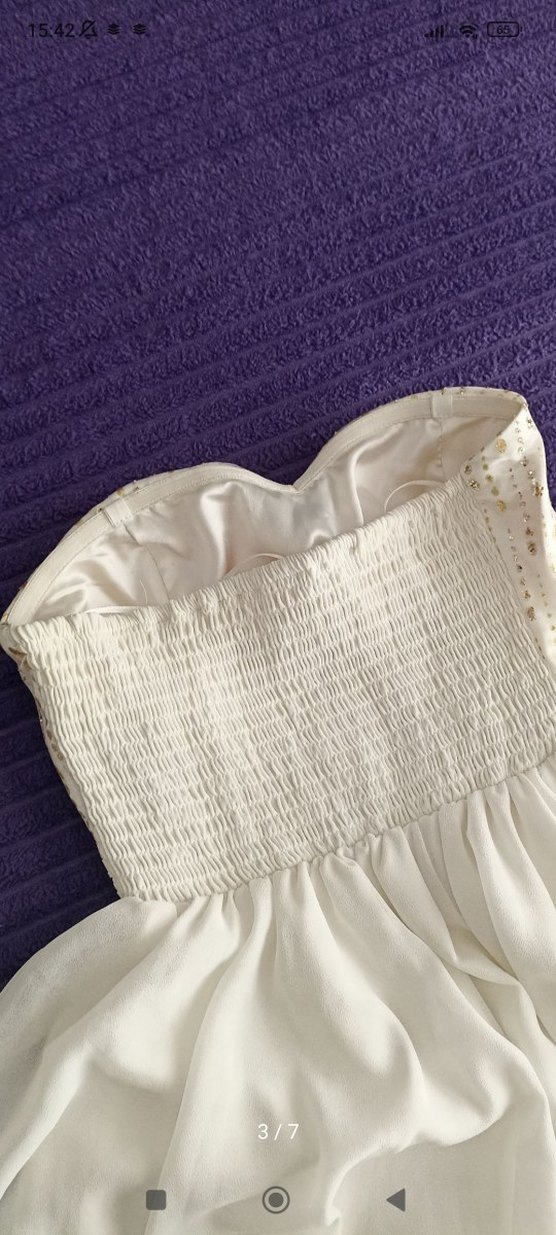 Drapeli Straplez Midi Beyaz Nişan Elbisesi - Görsel 3