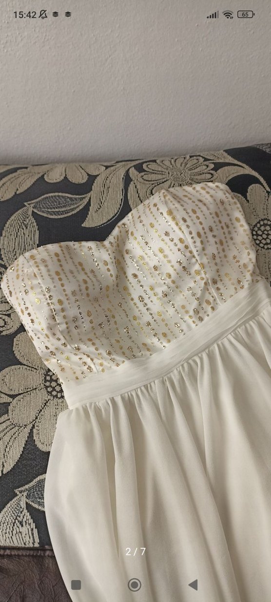 Drapeli Straplez Midi Beyaz Nişan Elbisesi - Görsel 2