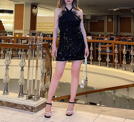 xs Beden Payetli elbise pullu siyah mini