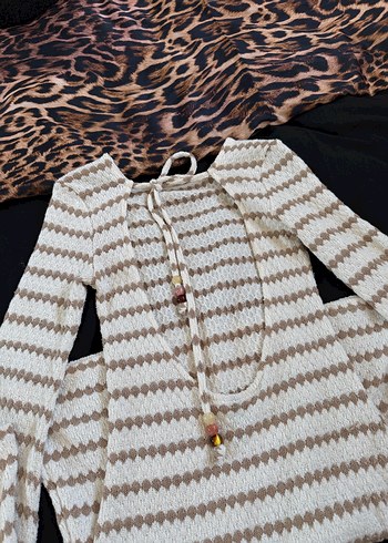 Bej Zebra Desenli Uzun Kollu Triko Elbise - Görsel 2