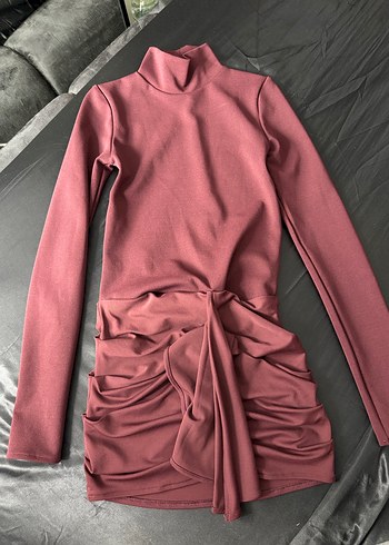 Bordo Drapeli Uzun Kollu Triko Elbise - Görsel 2