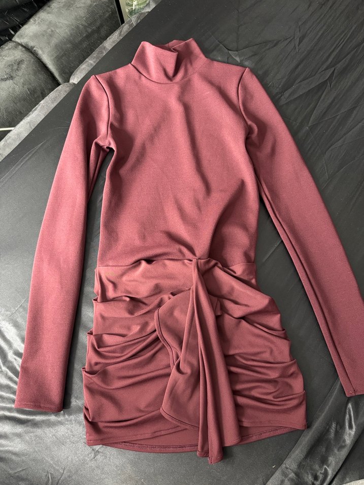 Bordo Drapeli Uzun Kollu Triko Elbise - Görsel 2