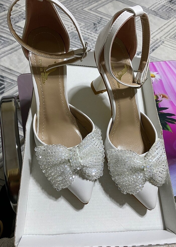 Şık fiyonklu nikah düğün topuklu ayakkabı - Görsel 2