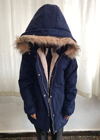 Kürklü Kapüşonlu Mavi Kadın Kış Montu - Görsel 3