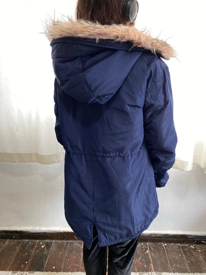 Kürklü Kapüşonlu Mavi Kadın Kış Montu - Görsel 2