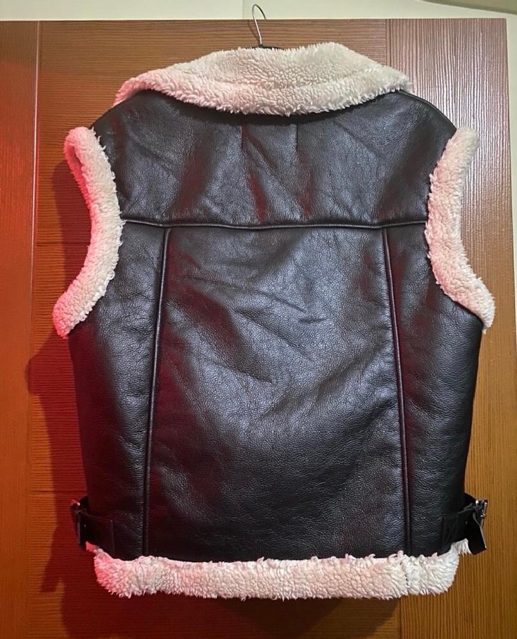 Siyah Kürklü Deri Biker Yelek - Görsel 2