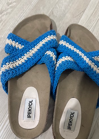 Mavi Örgü Kadın Dolgu Topuk Terlik - Görsel 2