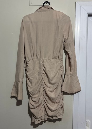 Bej Drapeli Keten Midi Elbise - Görsel 2