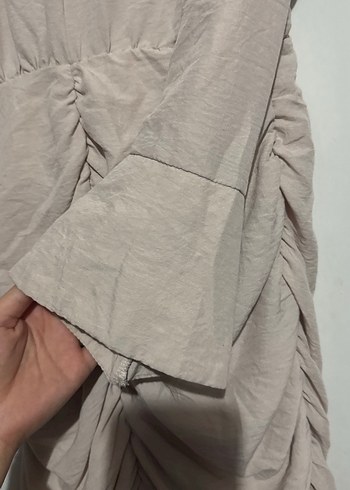 Bej Drapeli Keten Midi Elbise - Görsel 3