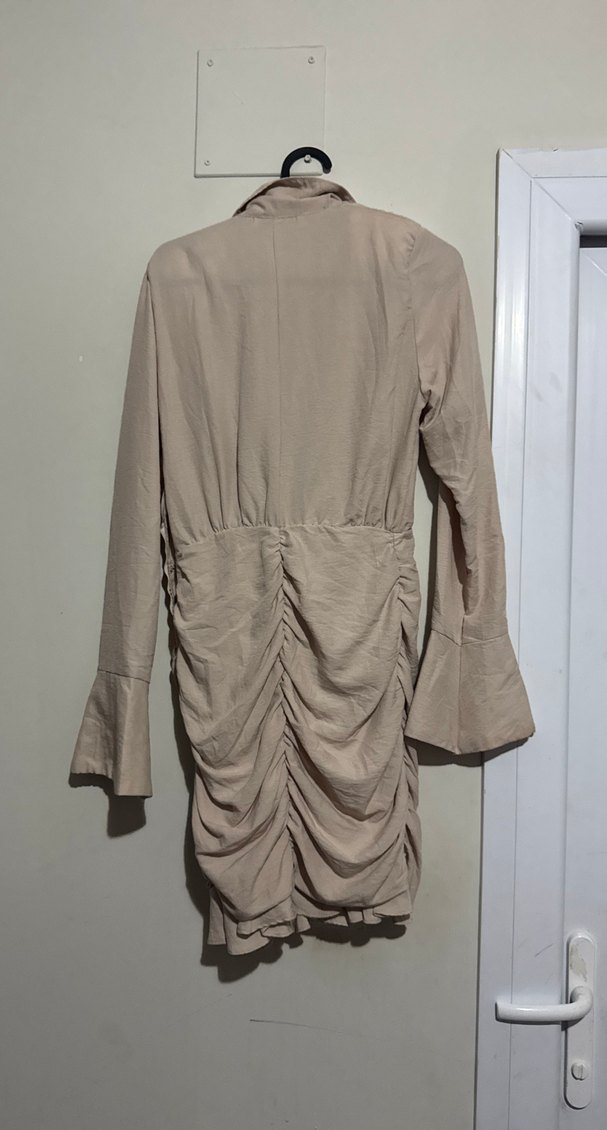 Bej Drapeli Keten Midi Elbise - Görsel 2