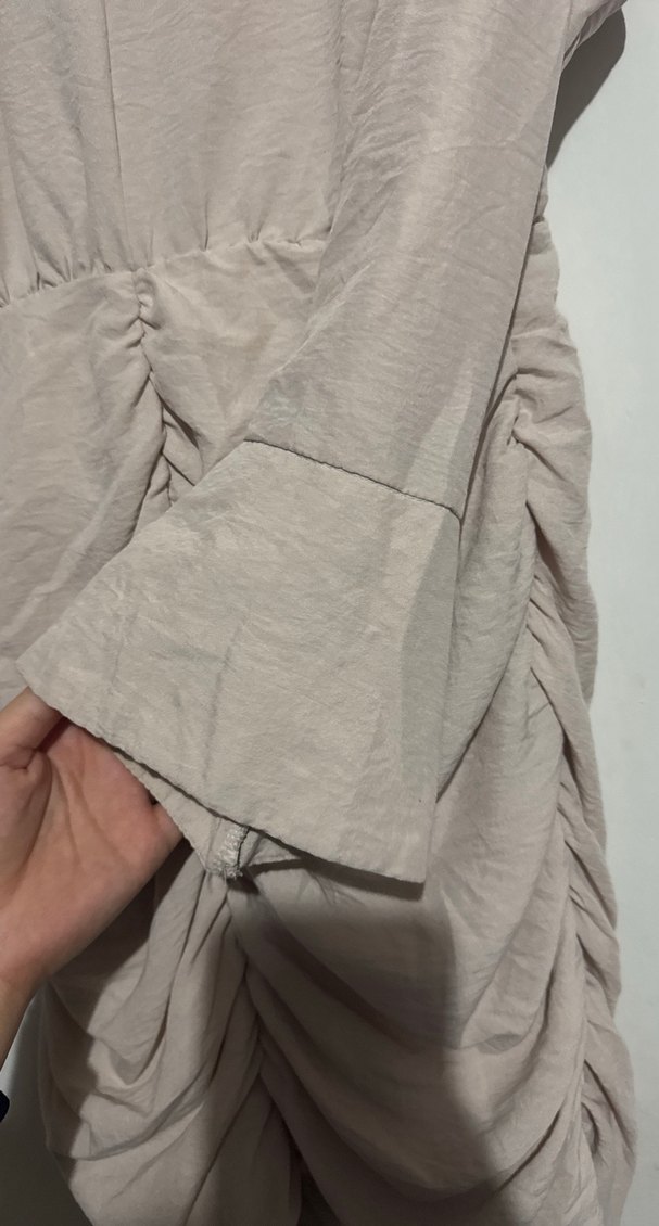 Bej Drapeli Keten Midi Elbise - Görsel 3