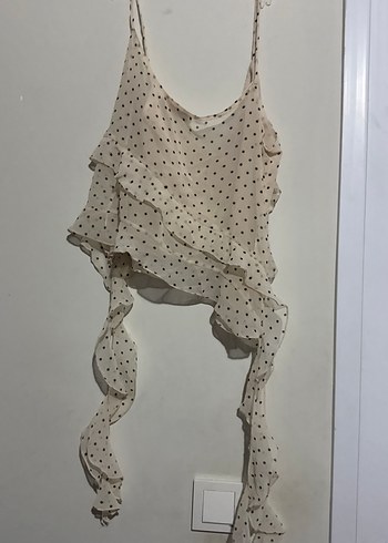 Beyaz Puantiyeli Drapeli Mini Askılı Yelek - Görsel 4