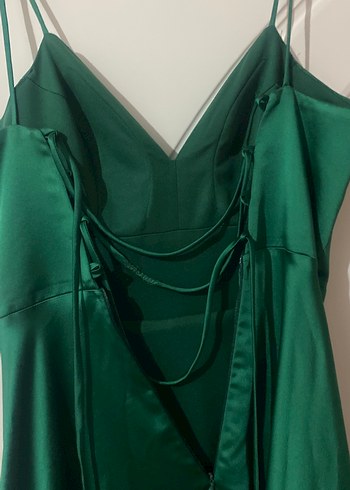 Yeşil Uzun V Yakalı Drapeli Abiye Elbise - Görsel 4