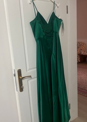 Yeşil Uzun V Yakalı Drapeli Abiye Elbise - Görsel 5