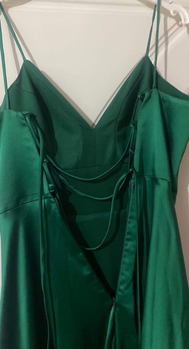 Yeşil Uzun V Yakalı Drapeli Abiye Elbise - Görsel 4