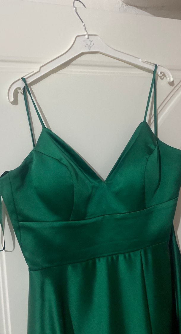 Yeşil Uzun V Yakalı Drapeli Abiye Elbise - Görsel 2