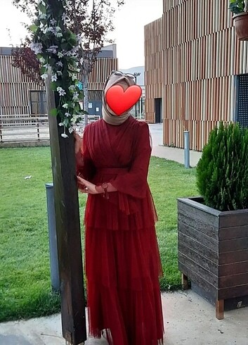 Kırmızı BordoTesettür Abiye Elbise 