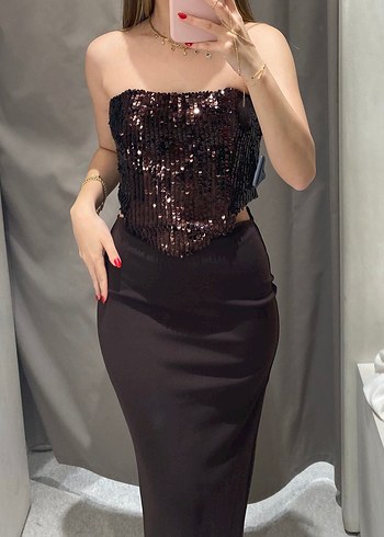 Kahverengi Pullu Korseli Straplez Uzun Elbise - Görsel 3