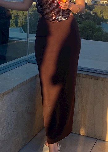 Kahverengi Pullu Korseli Straplez Uzun Elbise - Görsel 6