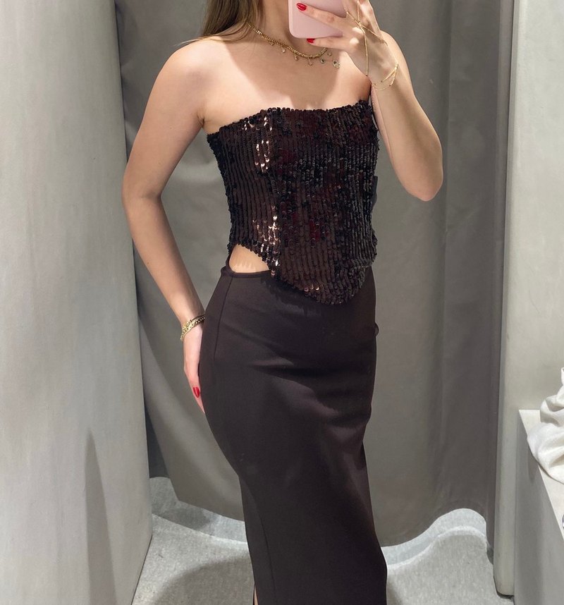 Kahverengi Pullu Korseli Straplez Uzun Elbise - Görsel 2