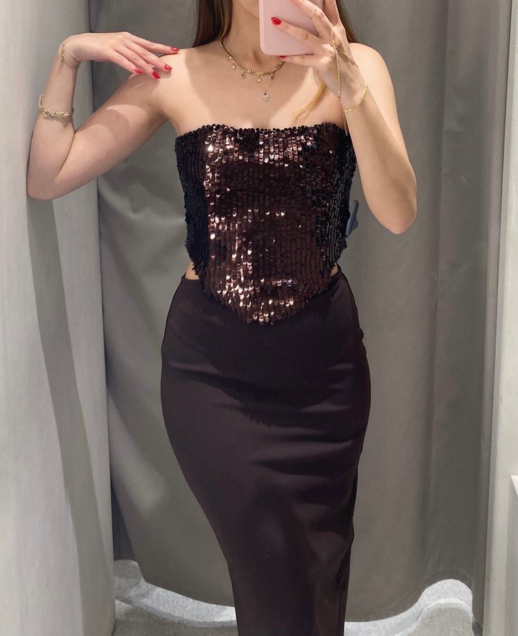 Kahverengi Pullu Korseli Straplez Uzun Elbise - Görsel 4