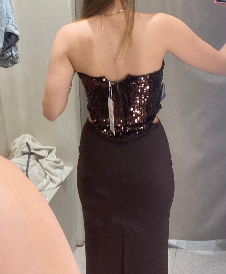 Kahverengi Pullu Korseli Straplez Uzun Elbise - Görsel 5