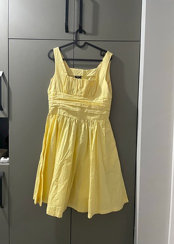 Topshop Sarı Keten Pilili Midi Elbise
