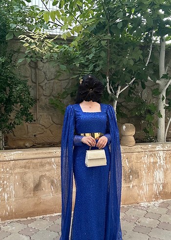 Parlak Mavi Uzun Kollu Kadın Abiye Elbise - Görsel 2