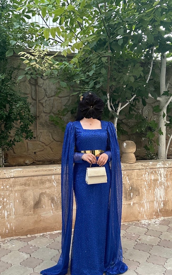 Parlak Mavi Uzun Kollu Kadın Abiye Elbise - Görsel 2