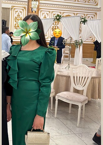 Yeşil saten Drapeli Uzun Kadın Elbise - Görsel 3