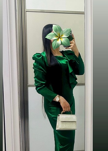 Yeşil saten Drapeli Uzun Kadın Elbise - Görsel 2