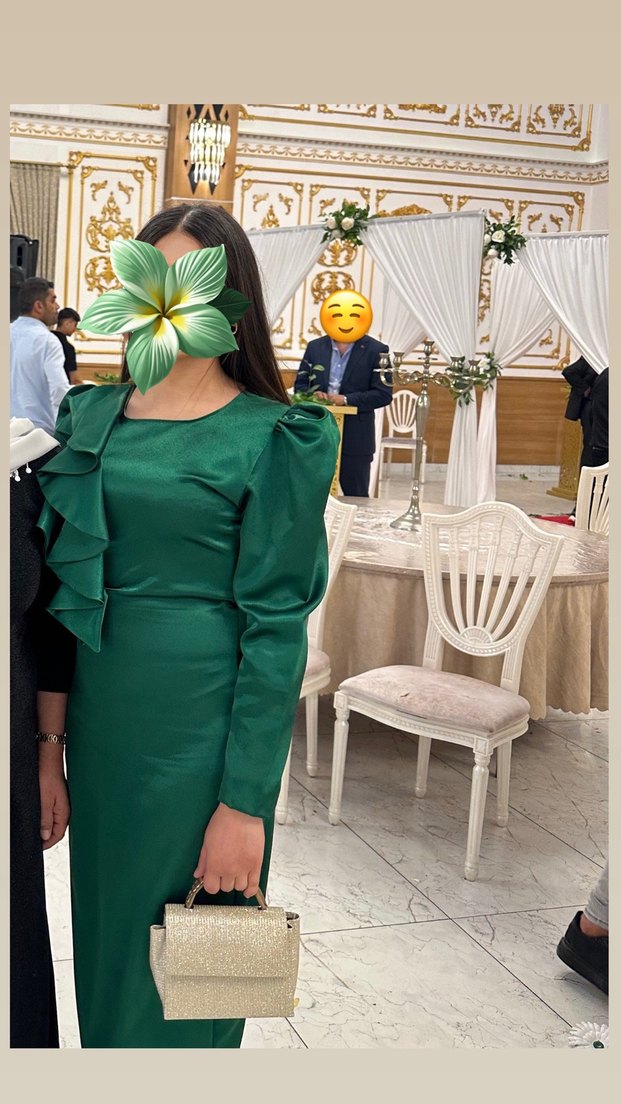 Yeşil saten Drapeli Uzun Kadın Elbise - Görsel 3