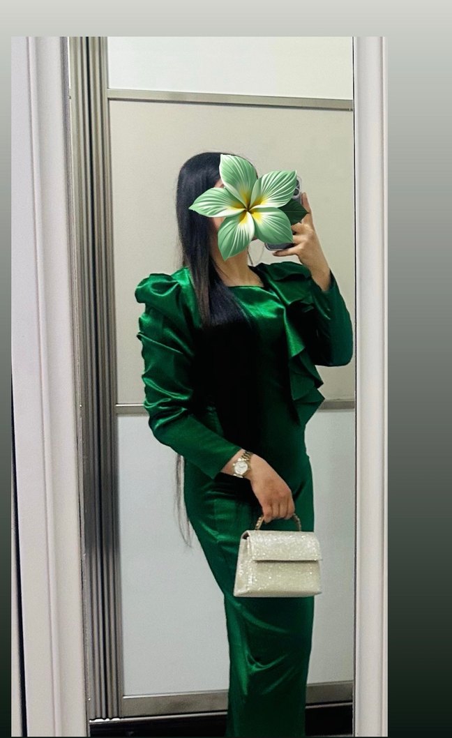 Yeşil saten Drapeli Uzun Kadın Elbise - Görsel 2