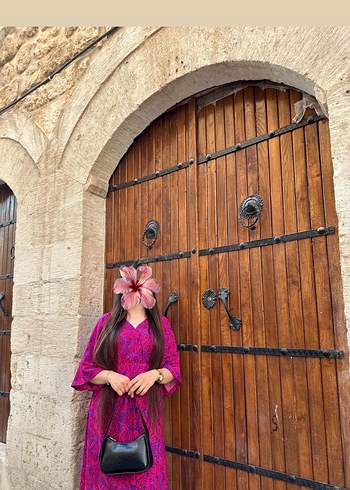 Pembe Batik Desenli Uzun Bohem Elbise - Görsel 3