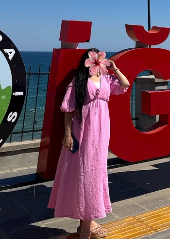 Pembe Bohem Uzun Elbise V Yaka - Görsel 4