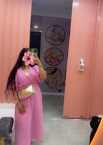 Pembe Bohem Uzun Elbise V Yaka - Görsel 2