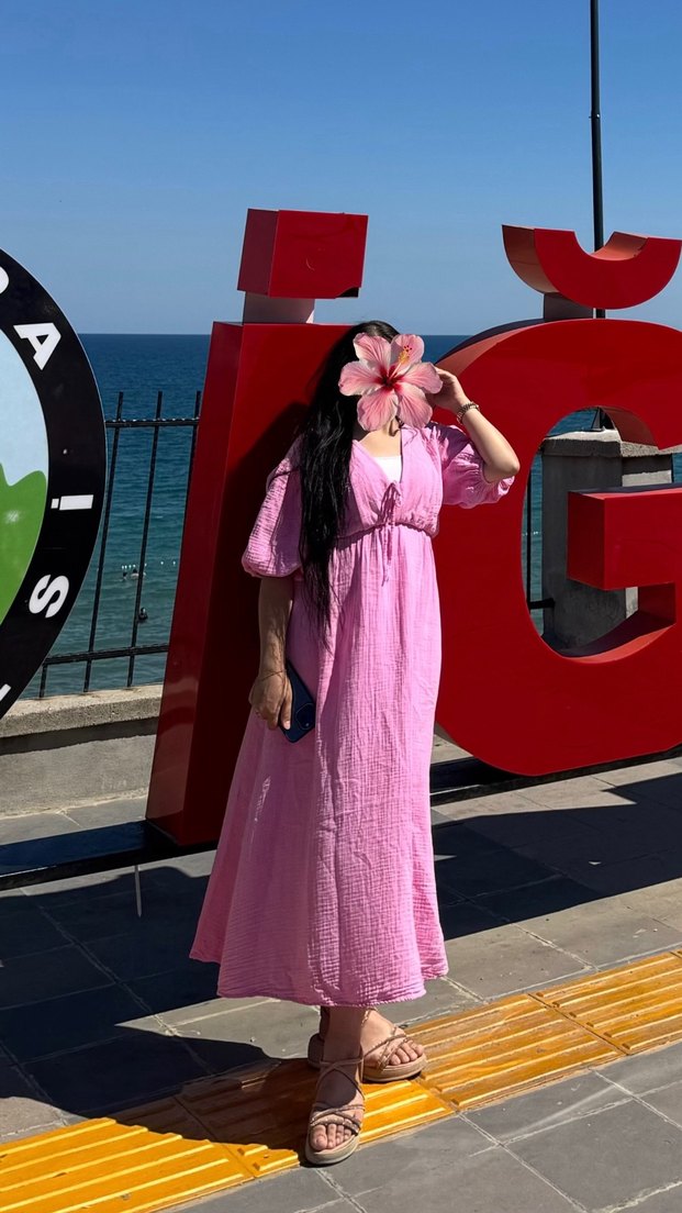 Pembe Bohem Uzun Elbise V Yaka - Görsel 4