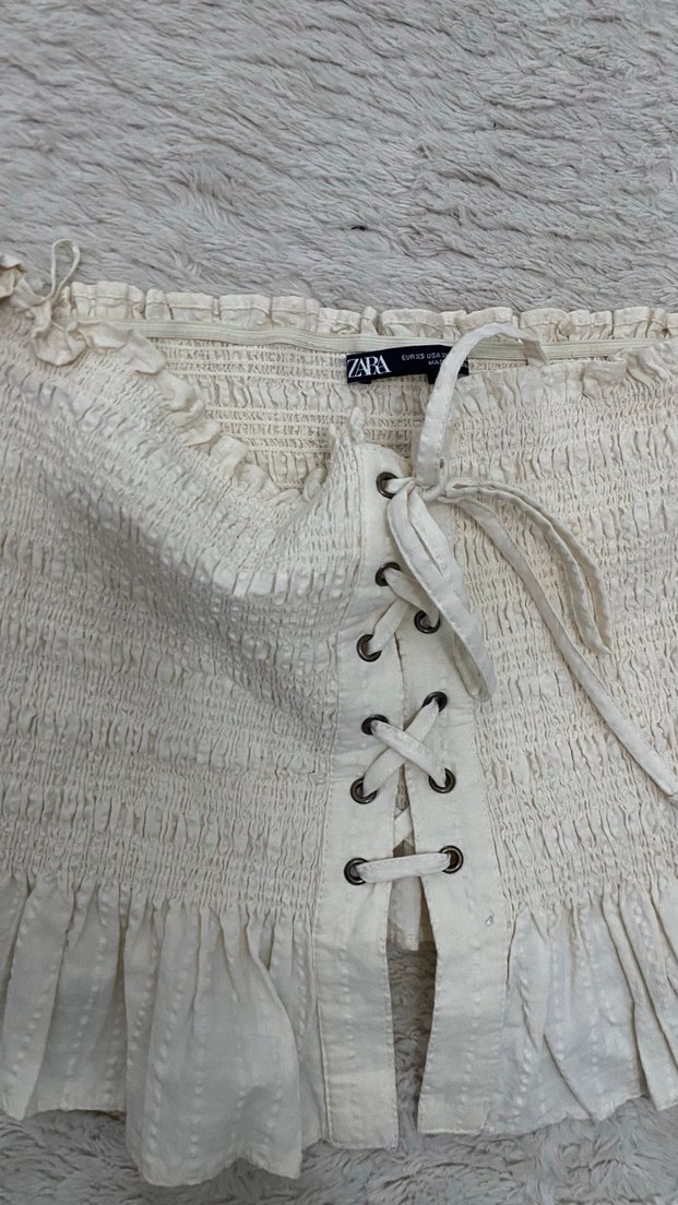 Zara Dantel Detaylı Kısa Bej Bohem Bluz - Görsel 2