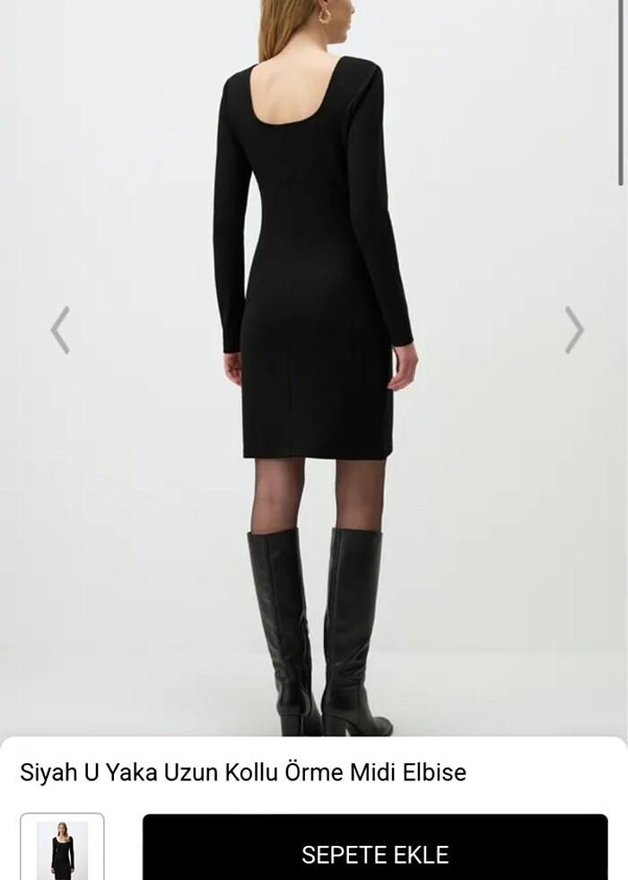 Siyah u yaka uzun kollu örme midi elbise - Görsel 3